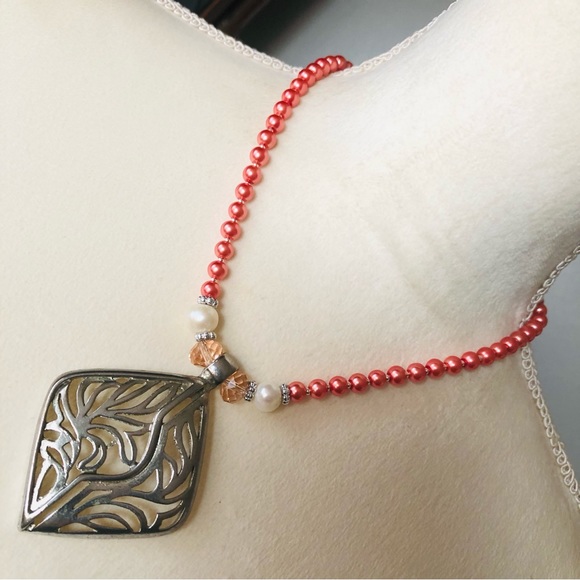 Handcrafted repurpose large filigree pendant Czech glass Pearl necklace